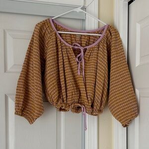 Woven Plaid Peasant Crop Top in Yellow-Orange with Pink Trim